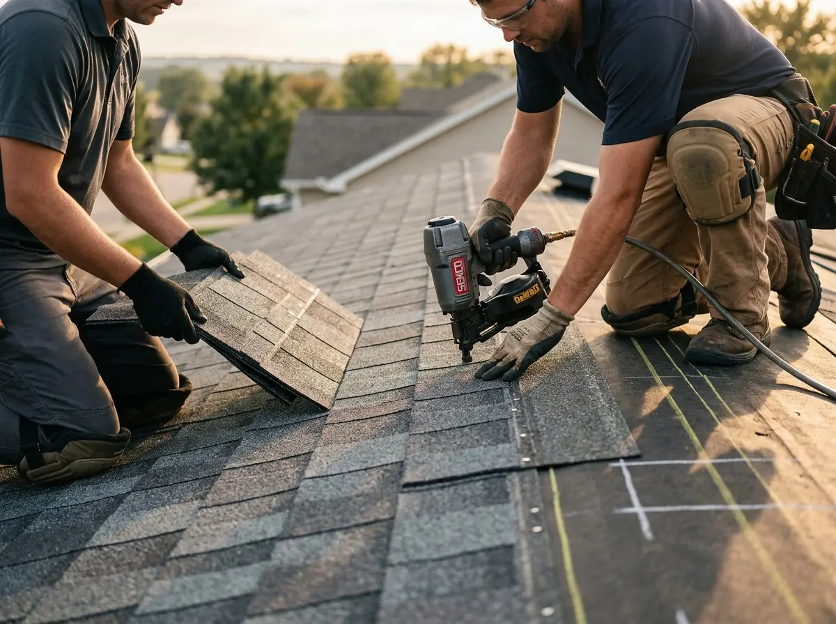 Professional roofer working on a residential roof in Beltsville